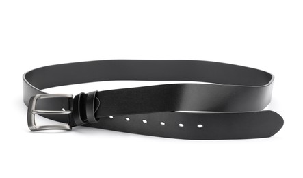 Photo of One black leather belt isolated on white