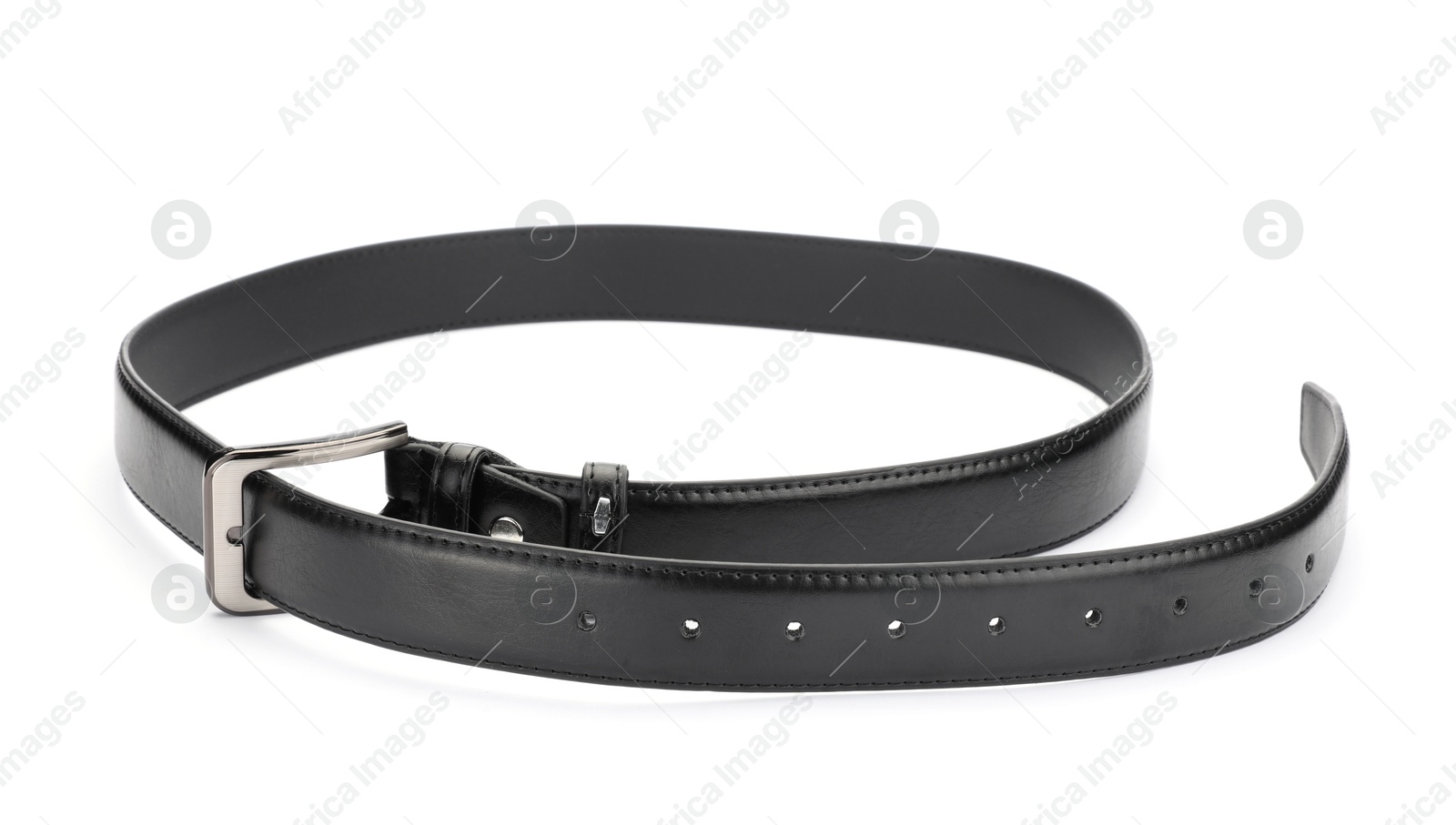 One black leather belt isolated on white Photo of One black leather belt isolated on white