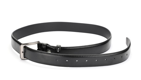 Photo of One black leather belt isolated on white