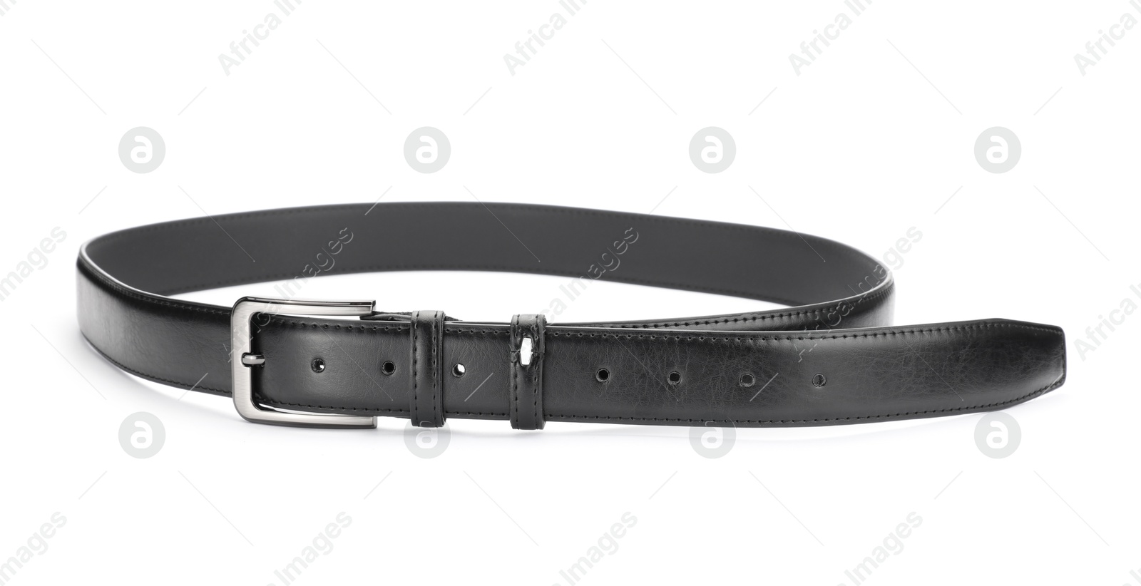 One black leather belt isolated on white Photo of One black leather belt isolated on white