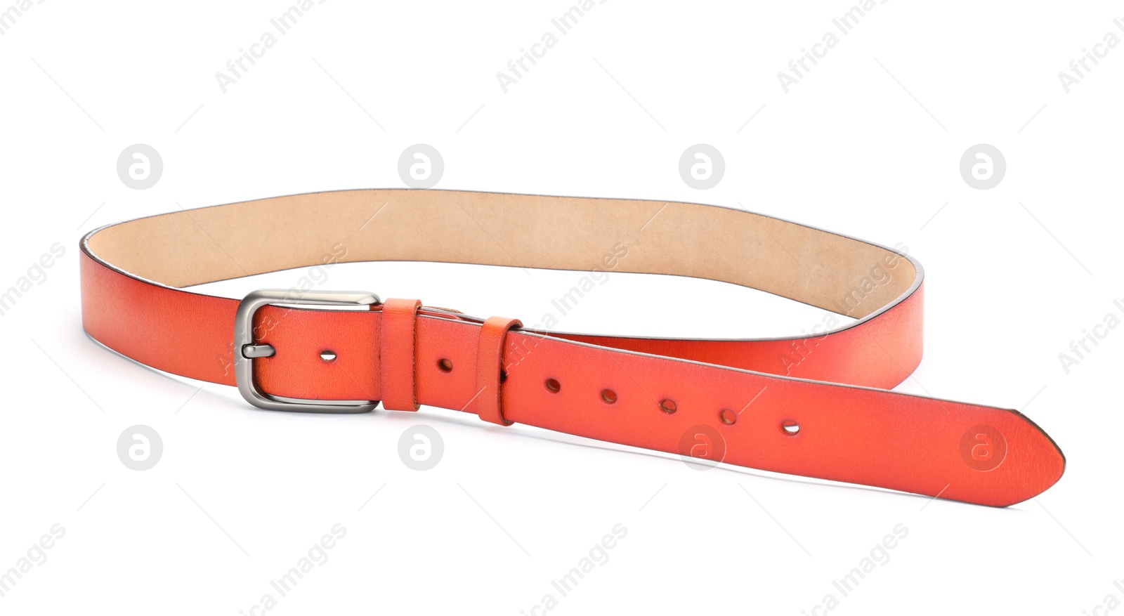 One orange leather belt isolated on white Photo of One orange leather belt isolated on white