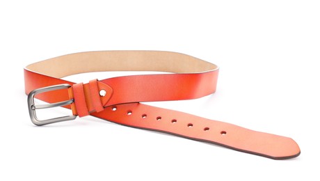 Photo of One orange leather belt isolated on white