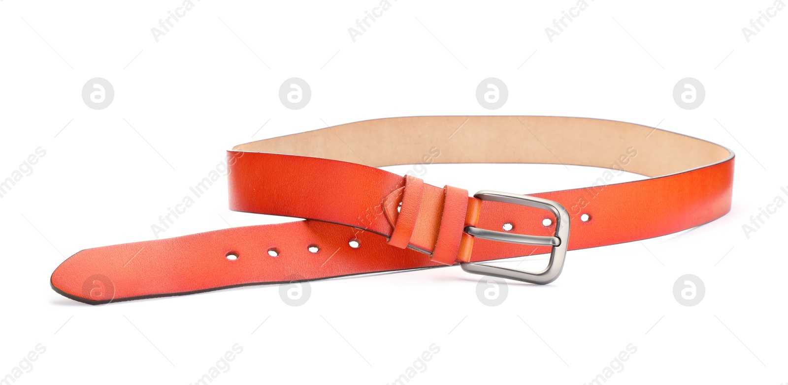 One orange leather belt isolated on white Photo of One orange leather belt isolated on white
