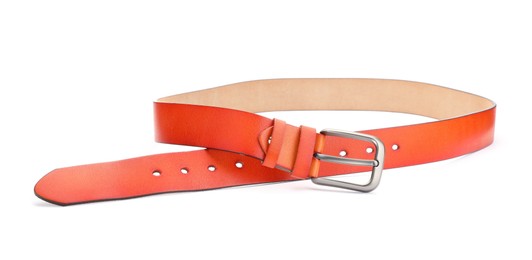 Photo of One orange leather belt isolated on white