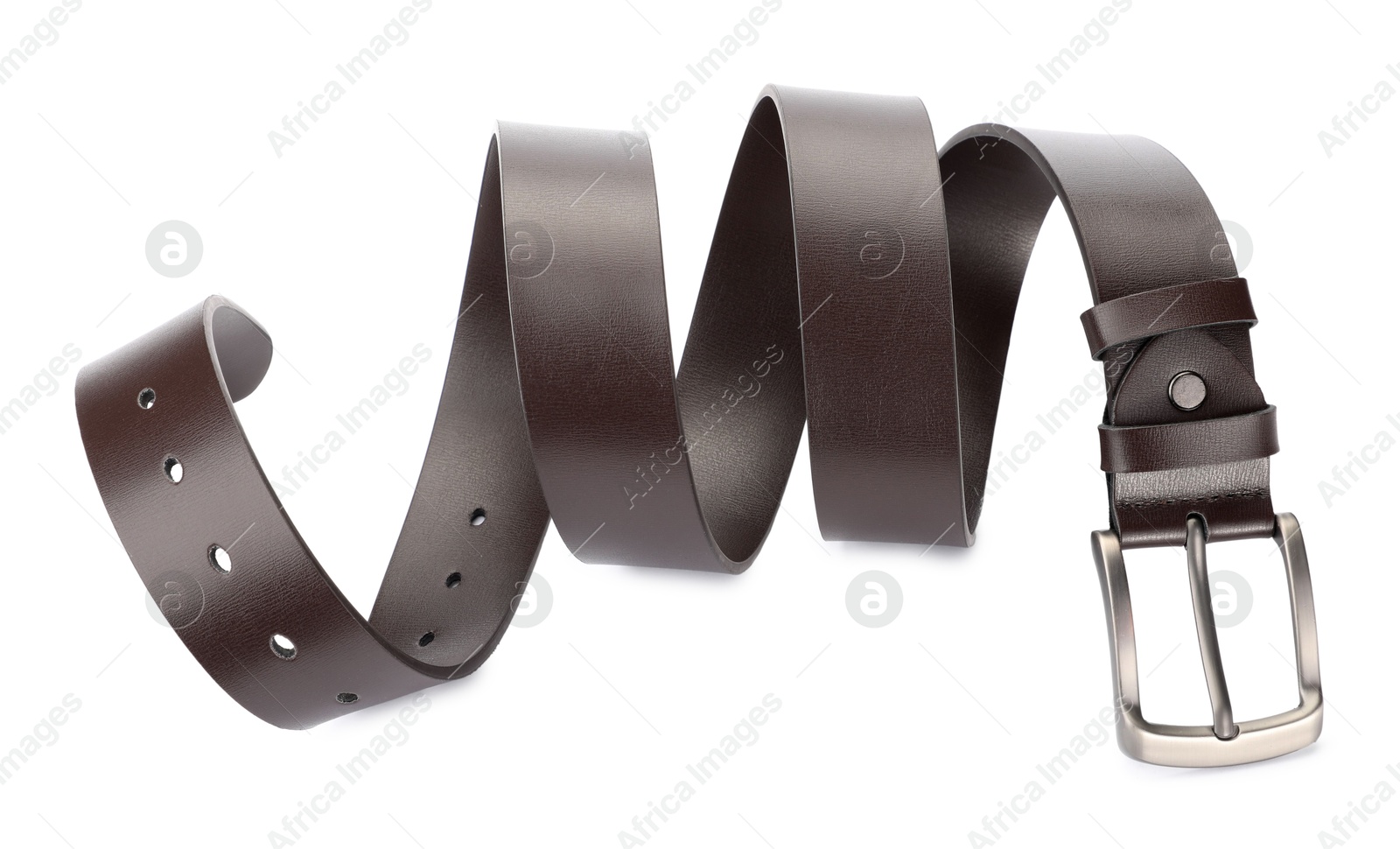 One brown leather belt isolated on white, above view Photo of One brown leather belt isolated on white, above view