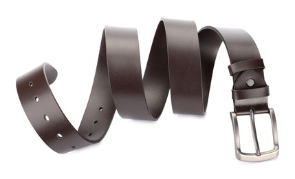 Photo of One brown leather belt isolated on white, above view