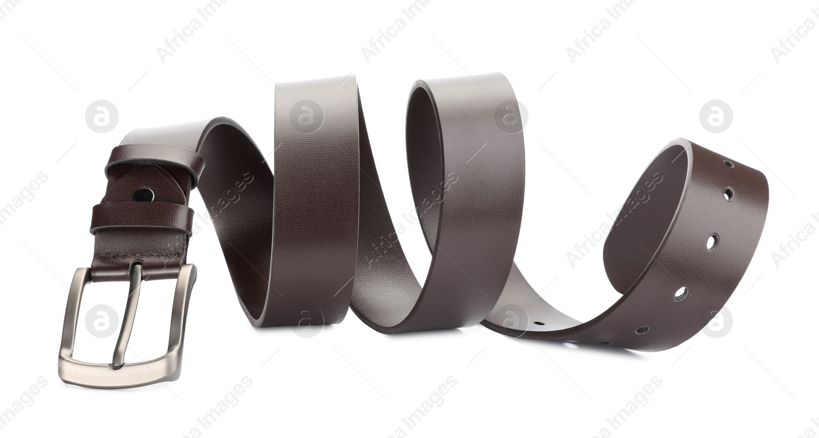 One brown leather belt isolated on white Photo of One brown leather belt isolated on white