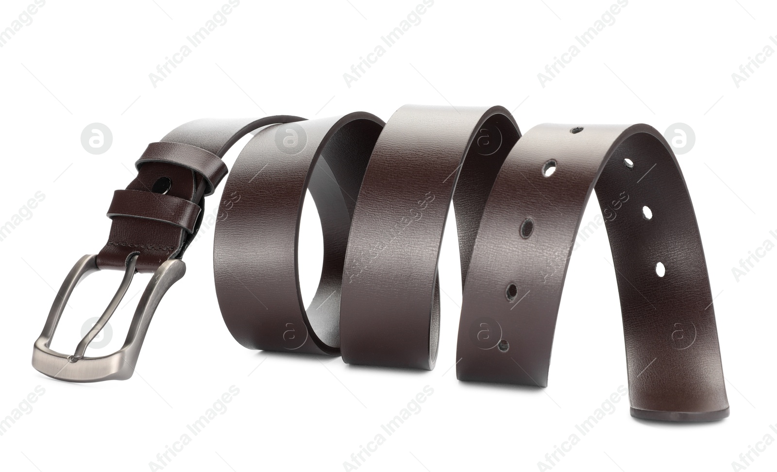 One brown leather belt isolated on white Photo of One brown leather belt isolated on white