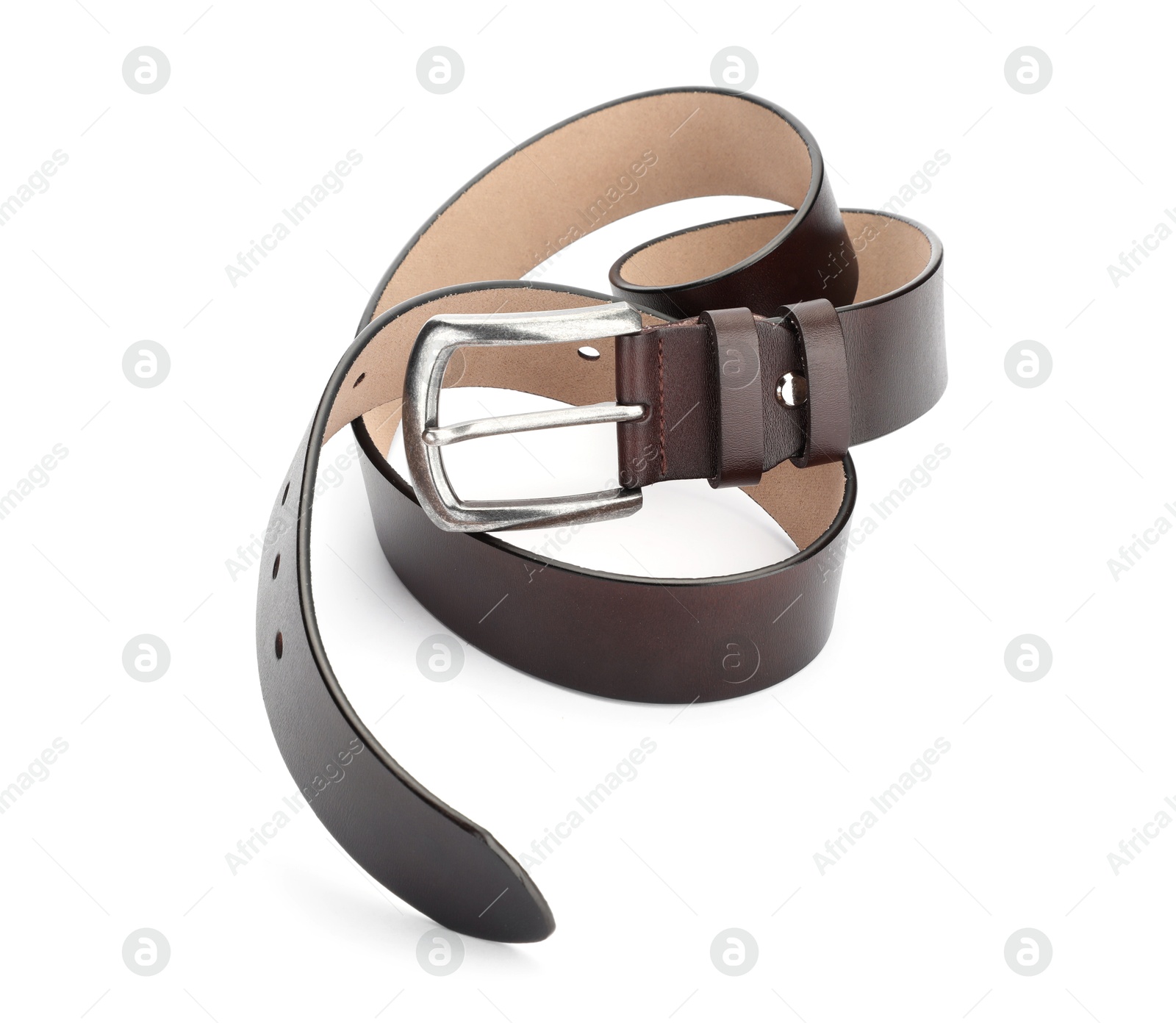 One brown leather belt isolated on white Photo of One brown leather belt isolated on white