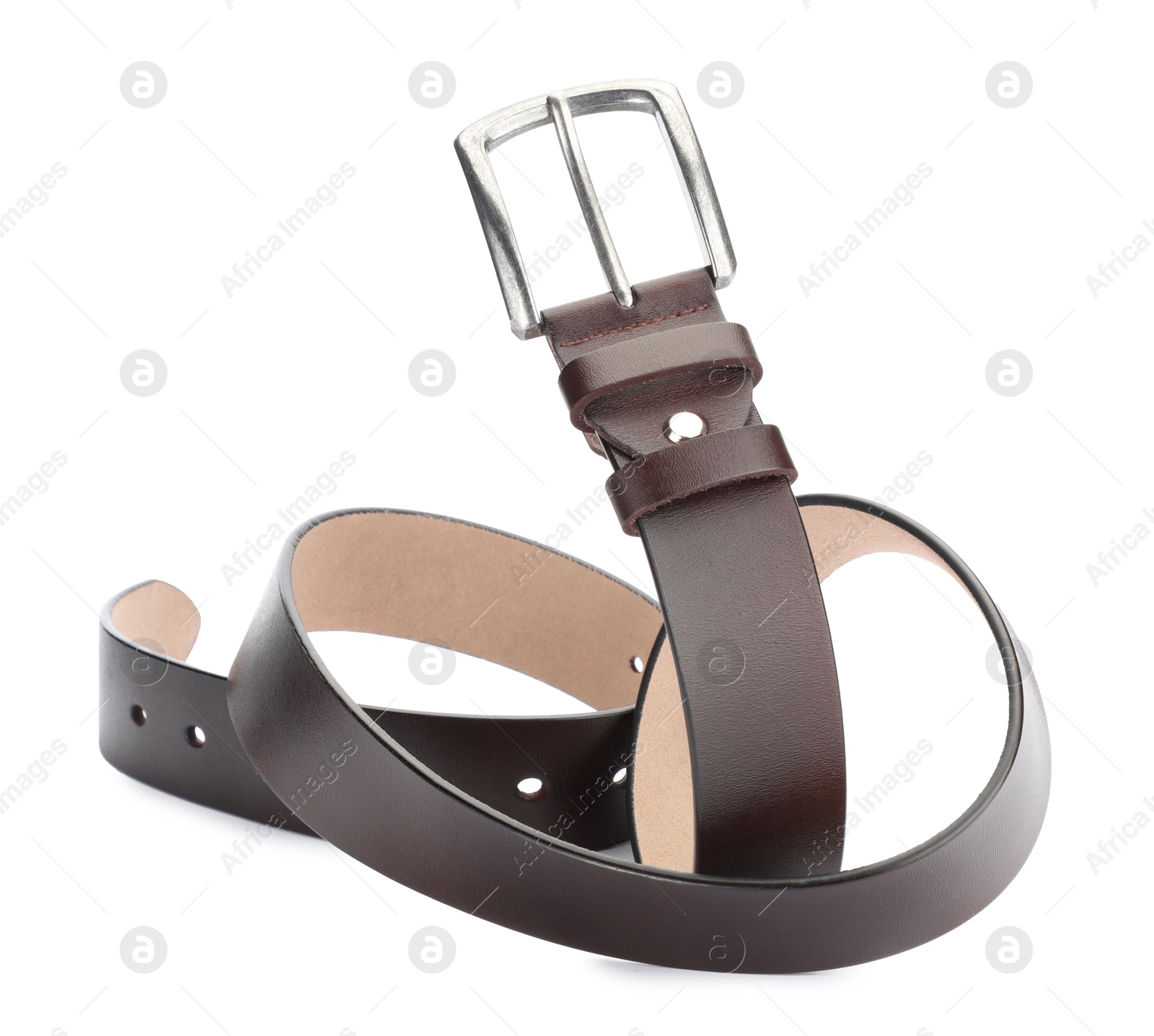 One brown leather belt isolated on white Photo of One brown leather belt isolated on white