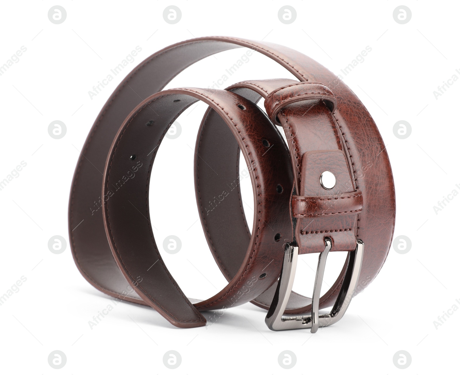 One brown leather belt isolated on white Photo of One brown leather belt isolated on white