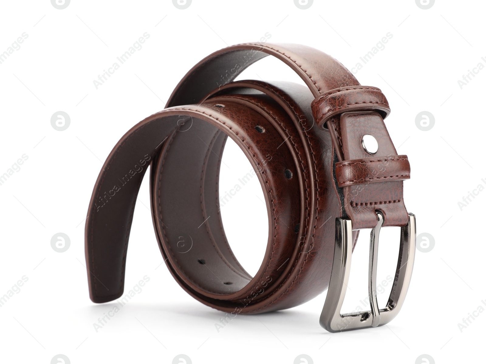 One brown leather belt isolated on white Photo of One brown leather belt isolated on white