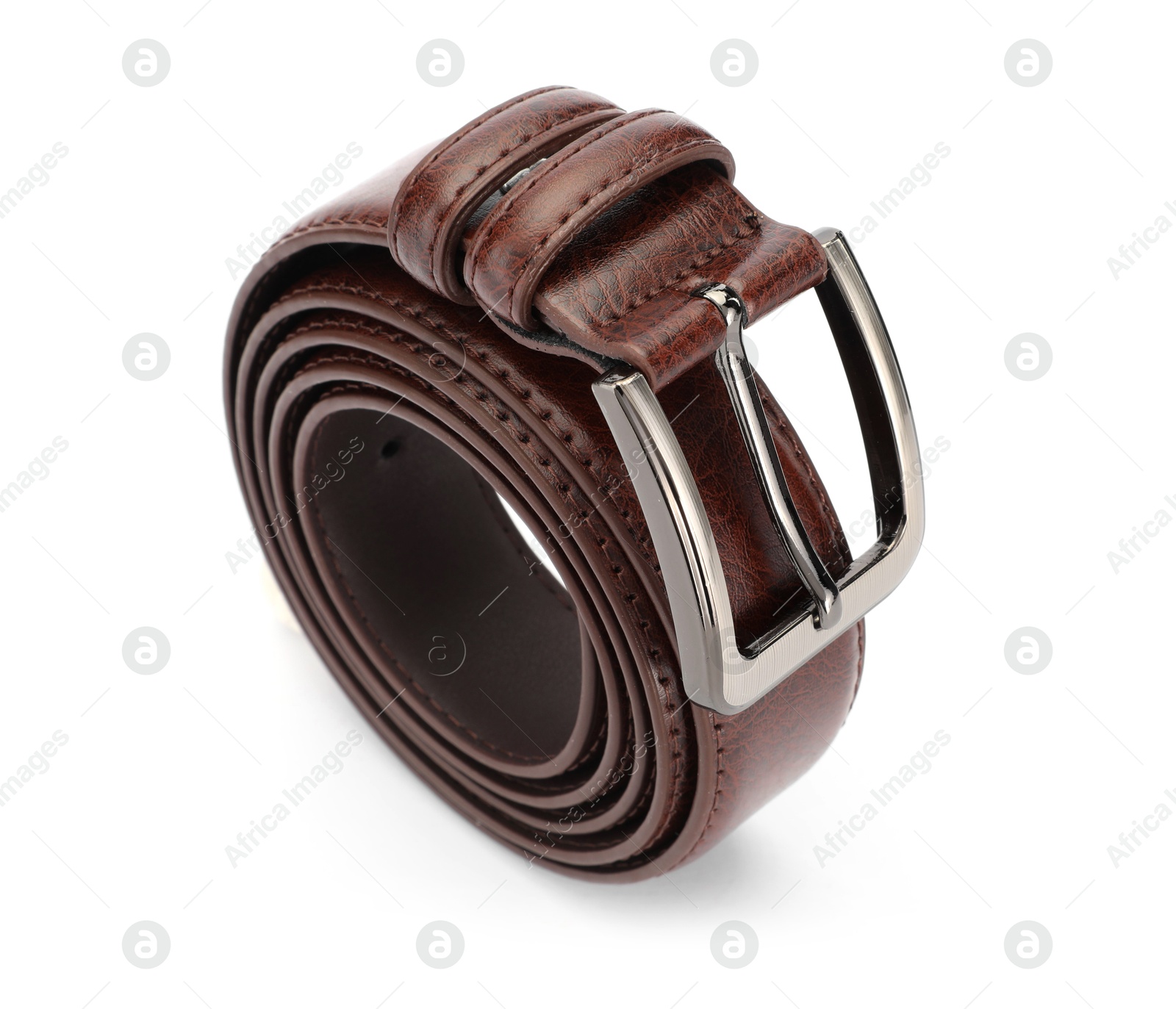 One brown leather belt isolated on white Photo of One brown leather belt isolated on white