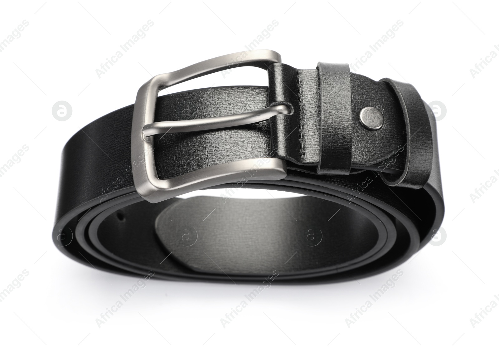 One black leather belt isolated on white, above view Photo of One black leather belt isolated on white, above view