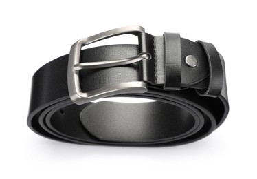 Photo of One black leather belt isolated on white, above view