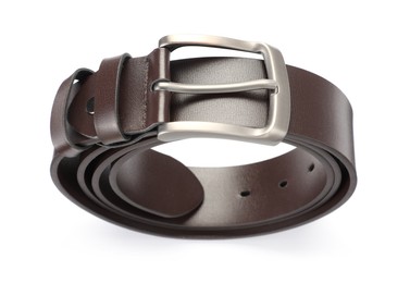 Photo of One brown leather belt isolated on white, above view