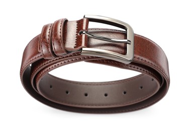 Photo of One brown leather belt isolated on white, above view