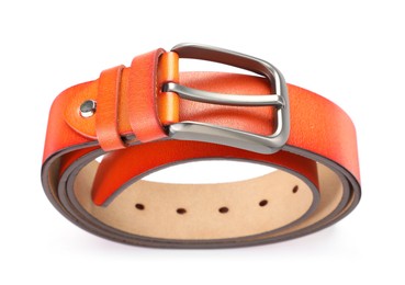 Photo of One orange leather belt isolated on white, above view