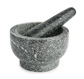 Photo of Stone mortar and pestle isolated on white