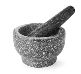 Photo of Stone mortar and pestle isolated on white