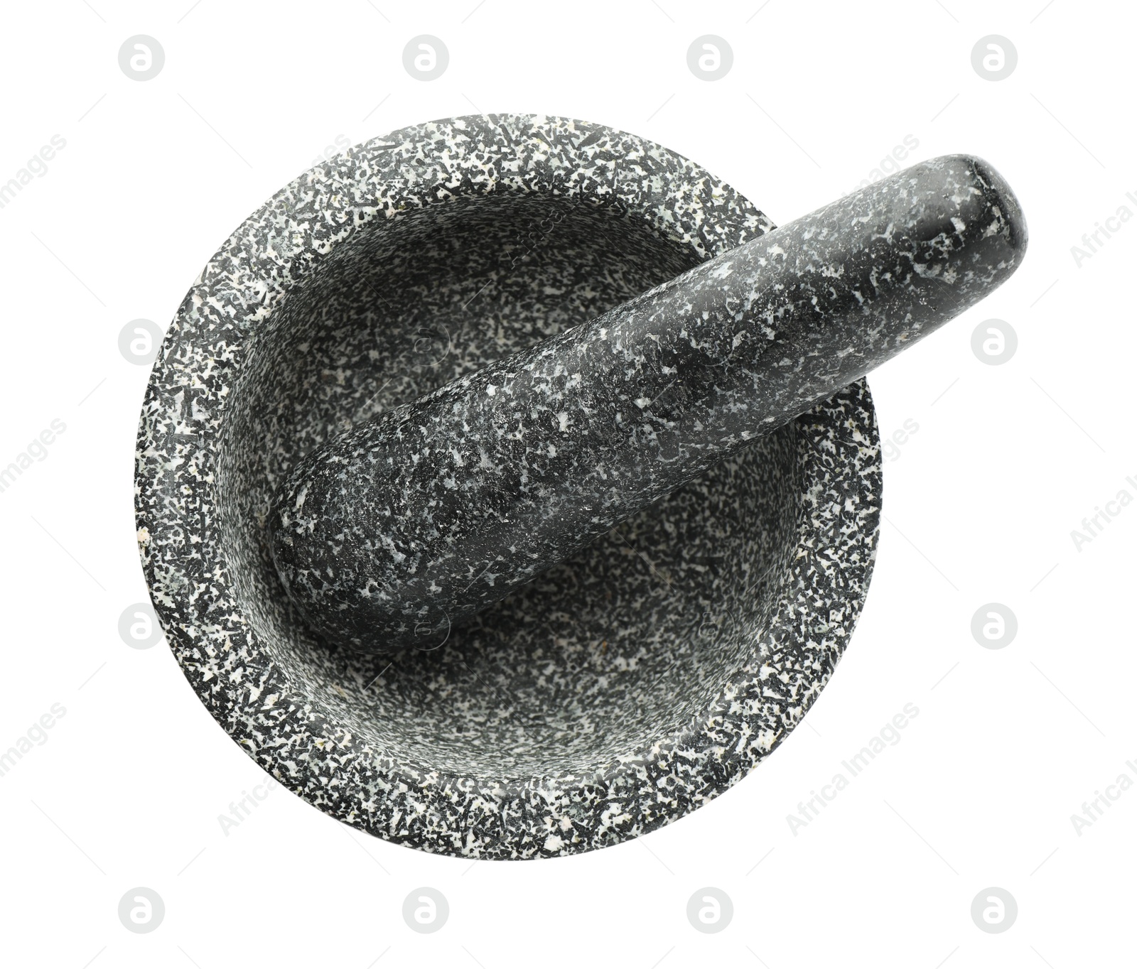 Stone mortar and pestle isolated on white, top view Photo of Stone mortar and pestle isolated on white, top view