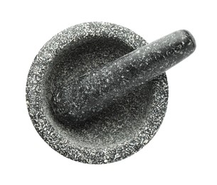 Photo of Stone mortar and pestle isolated on white, top view
