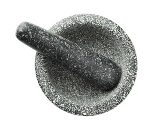 Photo of Stone mortar and pestle isolated on white