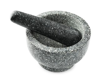 Photo of Stone mortar and pestle isolated on white