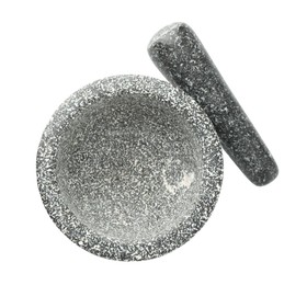 Photo of Stone mortar and pestle isolated on white, top view