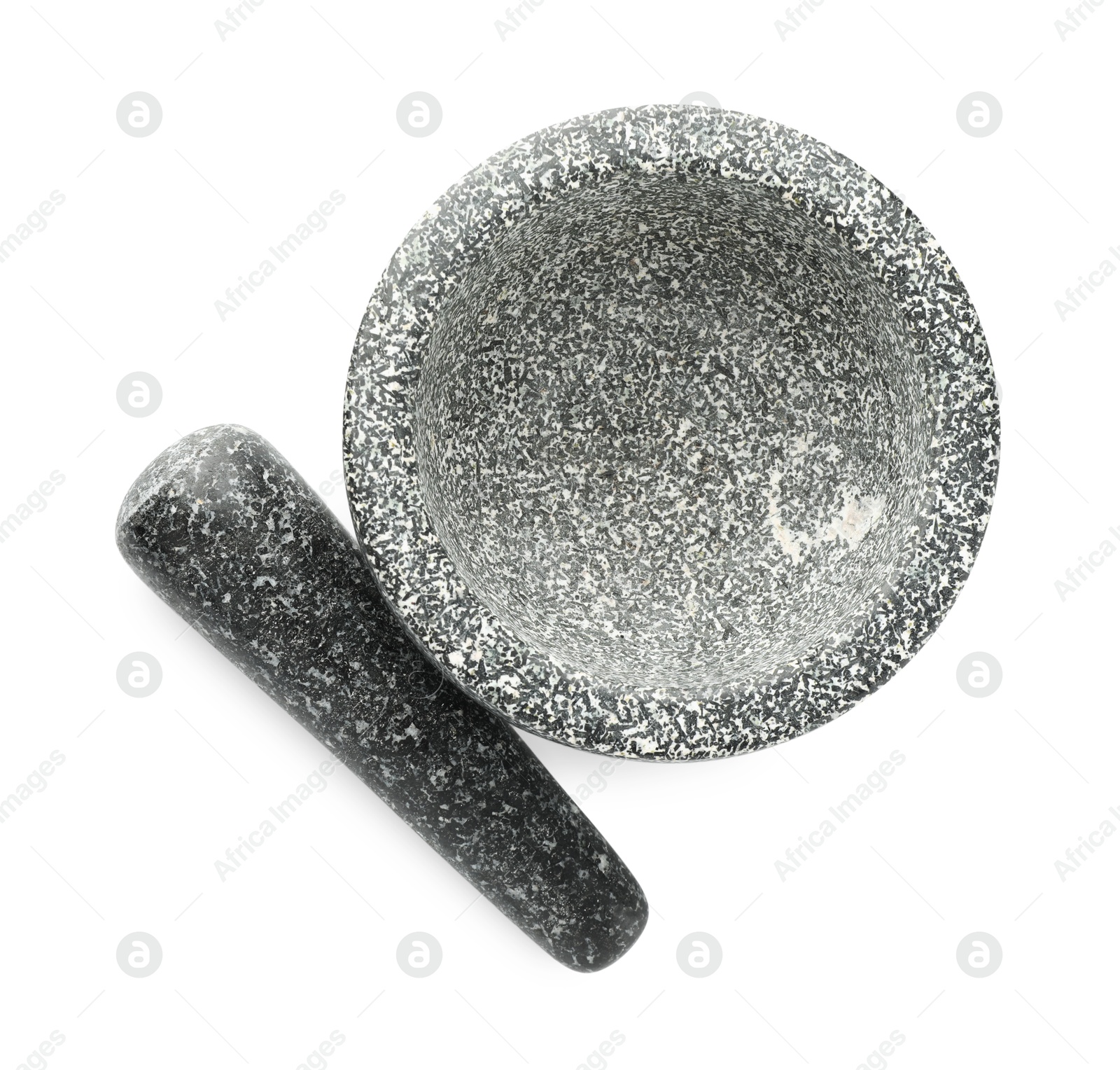 Stone mortar and pestle isolated on white, top view Photo of Stone mortar and pestle isolated on white, top view