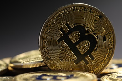 Photo of Cryptocurrency. Golden bitcoins on grey background, closeup