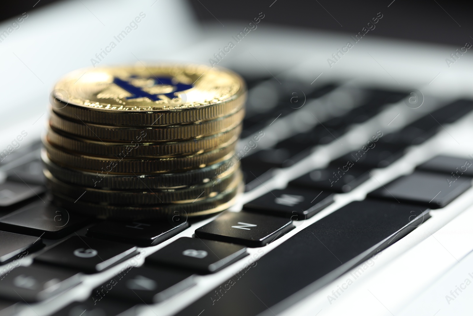 Cryptocurrency. Golden bitcoins on laptop, closeup. Space for text Photo of Cryptocurrency. Golden bitcoins on laptop, closeup. Space for text