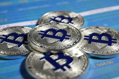 Photo of Cryptocurrency. Silver bitcoins on data charts, closeup