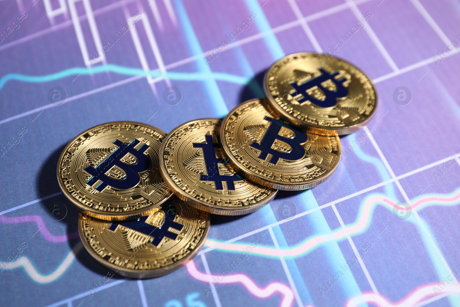 Cryptocurrency. Bitcoins on data charts, above view Photo of Cryptocurrency. Bitcoins on data charts, above view