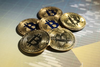 Photo of Cryptocurrency. Golden bitcoins on data charts, closeup