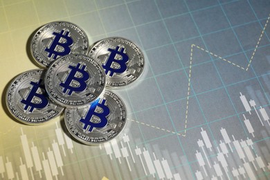 Photo of Cryptocurrency. Bitcoins on data charts, above view. Space for text