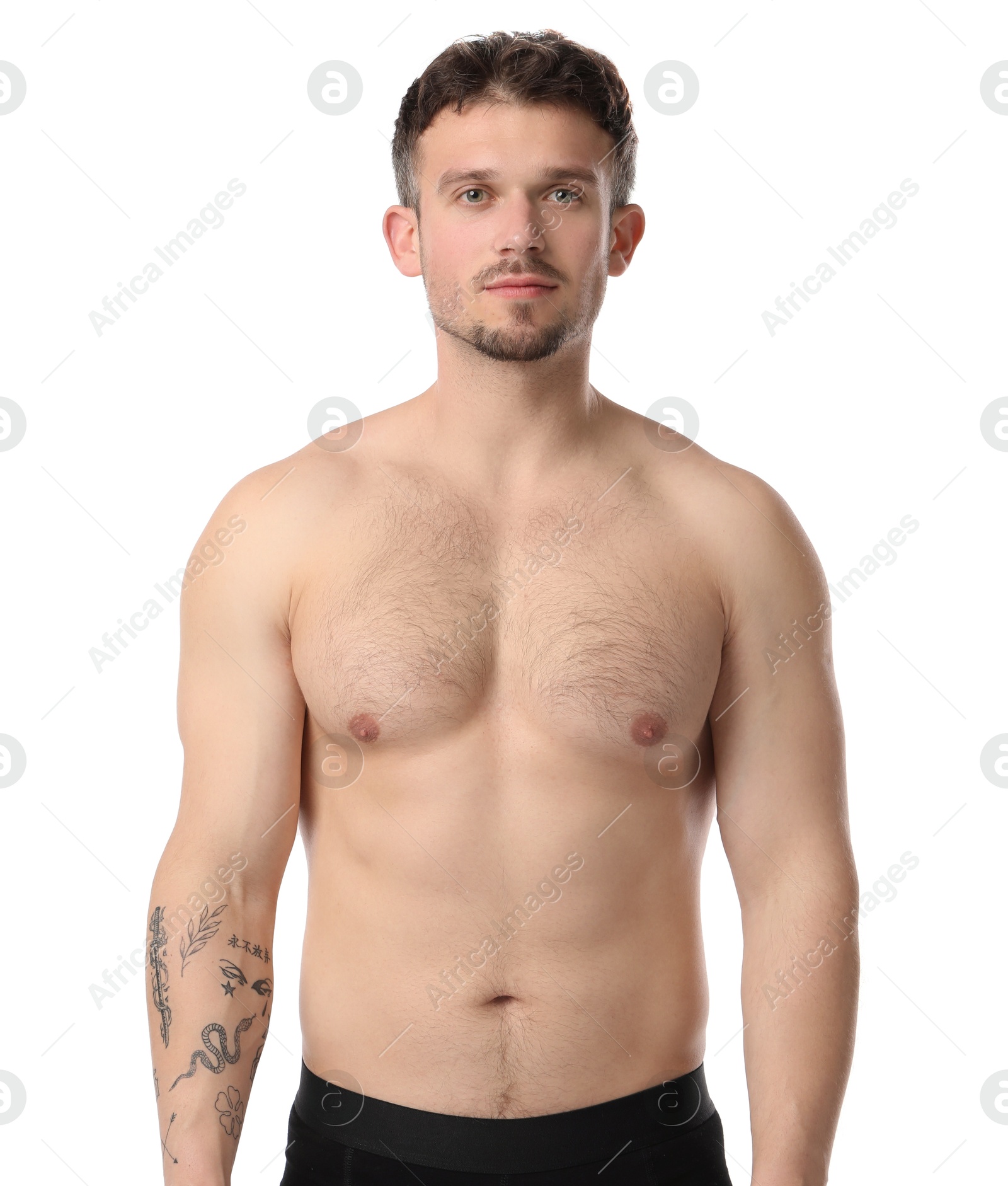 Young man with hairy chest on white background. Epilation procedure Photo of Young man with hairy chest on white background. Epilation procedure
