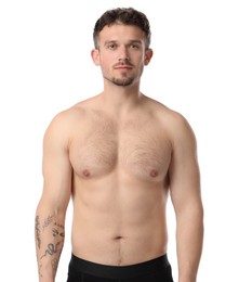 Photo of Young man with hairy chest on white background. Epilation procedure