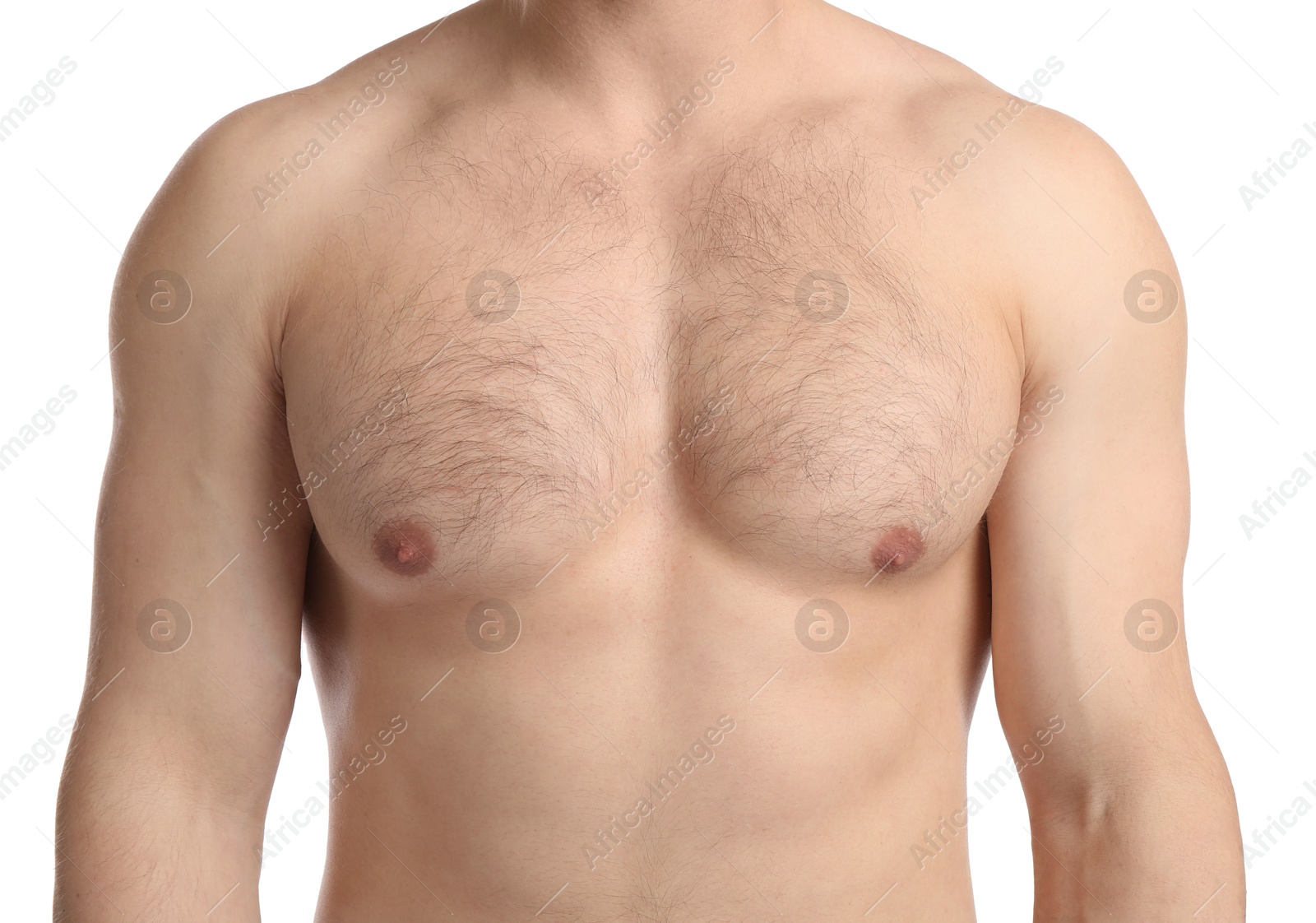 Young man with hairy chest on white background, closeup. Epilation procedure Photo of Young man with hairy chest on white background, closeup. Epilation procedure