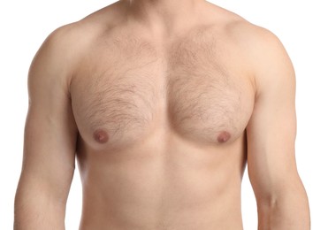 Photo of Young man with hairy chest on white background, closeup. Epilation procedure