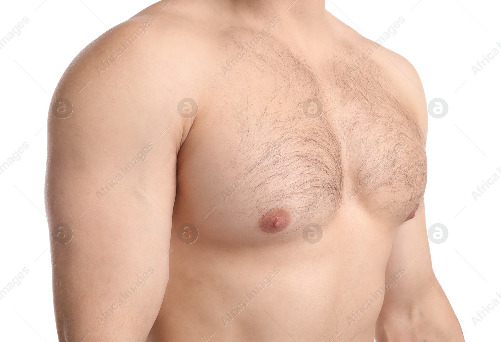 Young man with hairy chest on white background, closeup. Epilation procedure Photo of Young man with hairy chest on white background, closeup. Epilation procedure