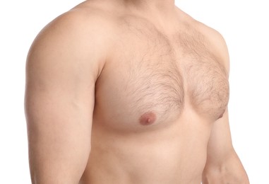 Photo of Young man with hairy chest on white background, closeup. Epilation procedure