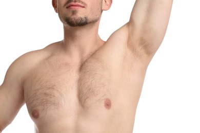 Photo of Young man showing hairy armpit on white background, closeup. Epilation procedure