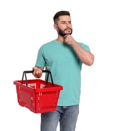 Photo of Man with empty shopping basket on white background