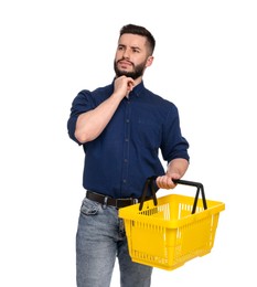 Photo of Man with empty shopping basket on white background