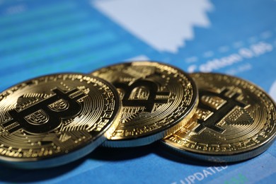 Photo of Cryptocurrency. Three bitcoins on data charts, closeup