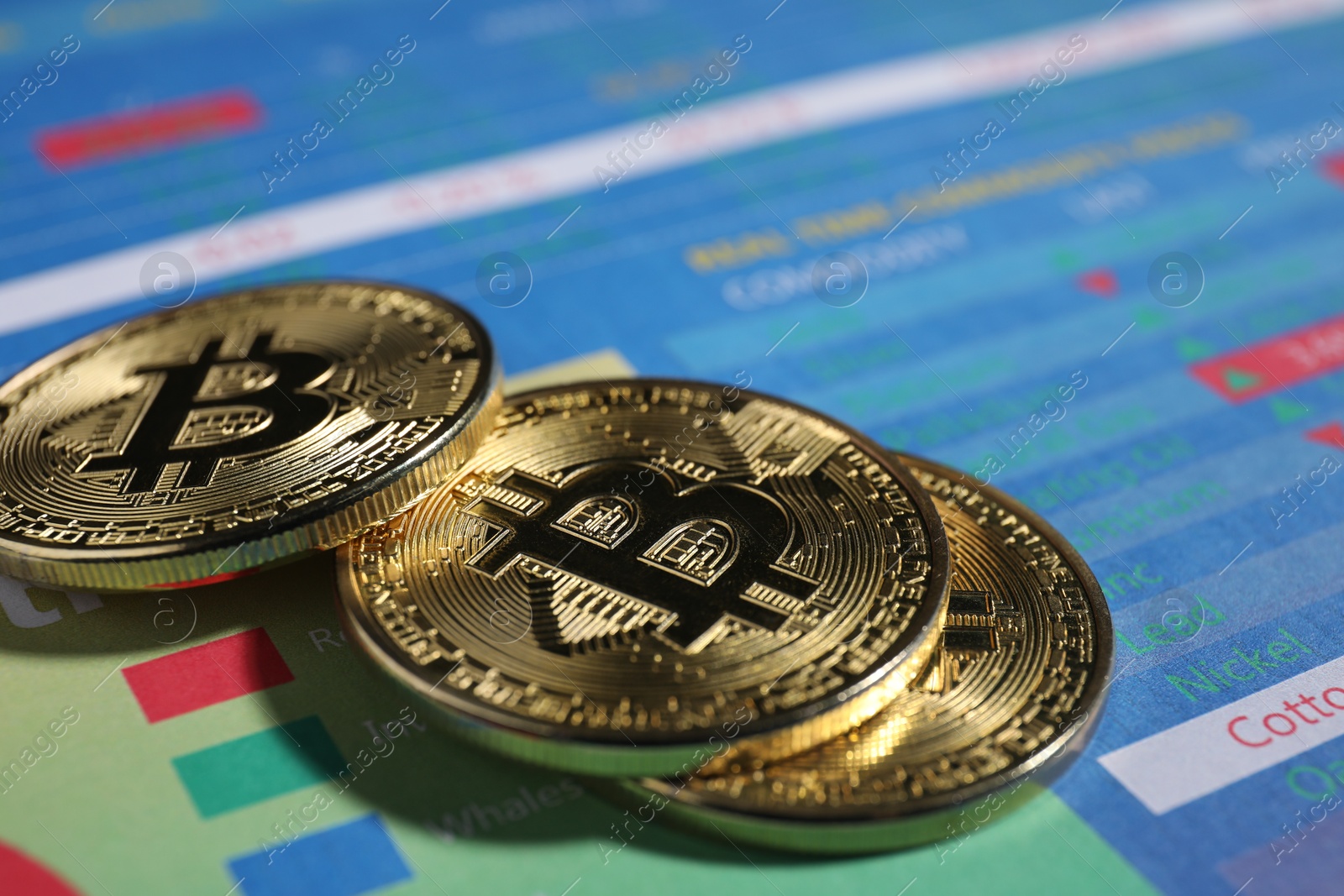 Cryptocurrency. Three bitcoins on data charts, closeup Photo of Cryptocurrency. Three bitcoins on data charts, closeup