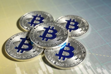 Photo of Cryptocurrency. Silver bitcoins on data charts, closeup