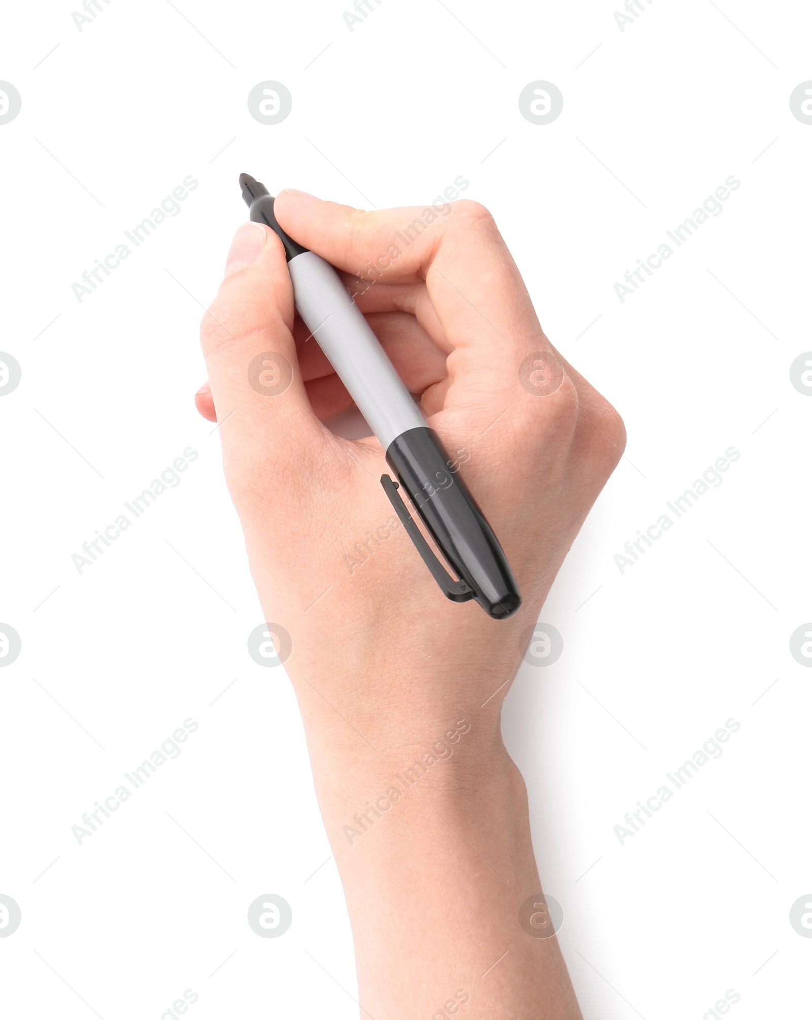 Woman with black marker on white background, closeup Photo of Woman with black marker on white background, closeup