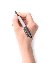 Photo of Woman with black marker on white background, closeup